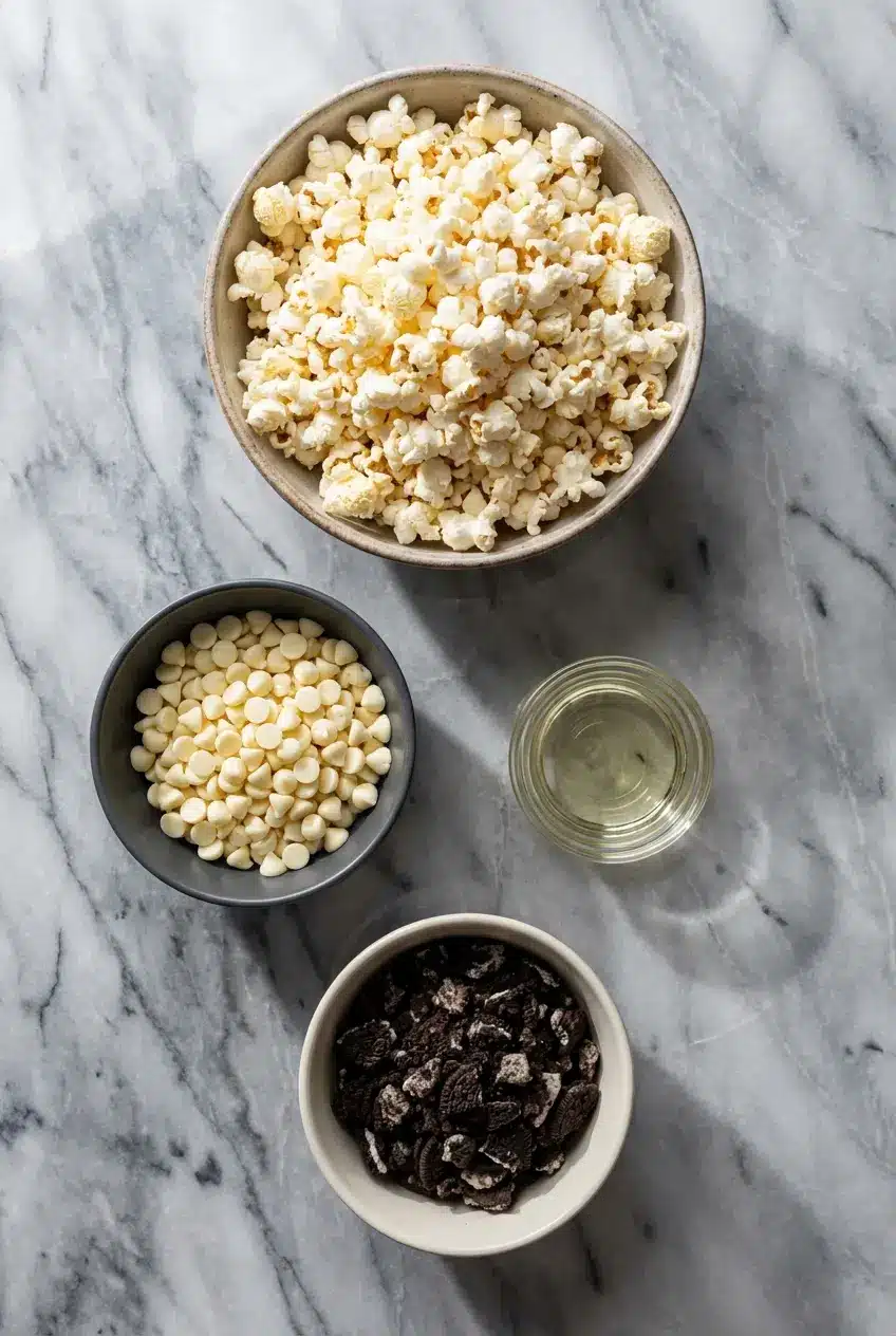 Top-down view of popcorn kernels, sandwich cookies, white chocolate, and coconut oil for cookies cream popcorn.