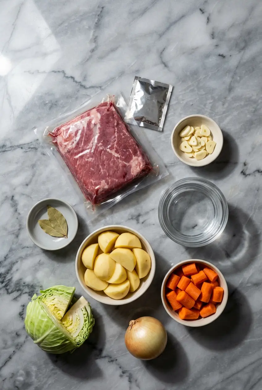 Raw ingredients for corned beef and cabbage recipe including brisket, pickling spice, red potatoes, and cabbage wedges.
