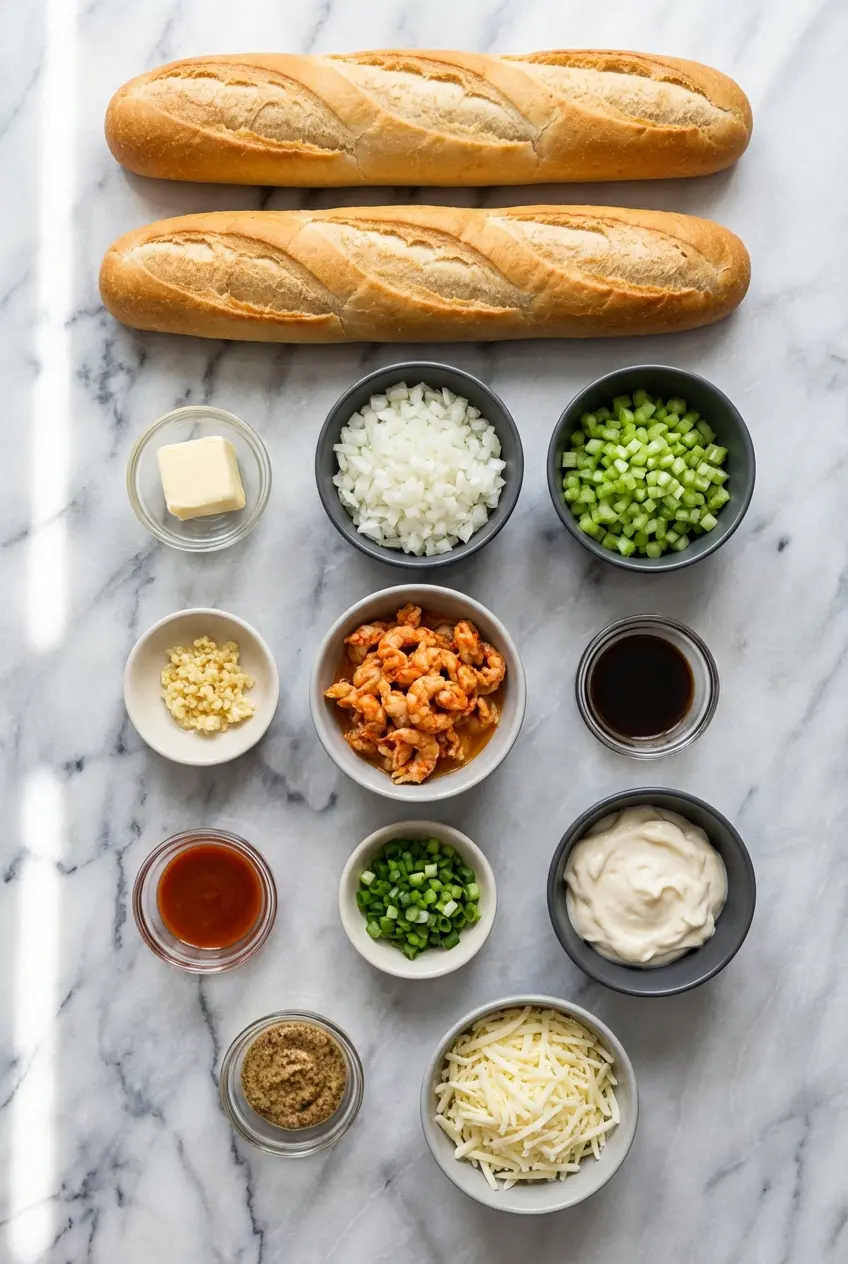 Flat lay of Louisiana crawfish tails, French bread, and Creole seasoning for this Crawfish Bread Recipe.