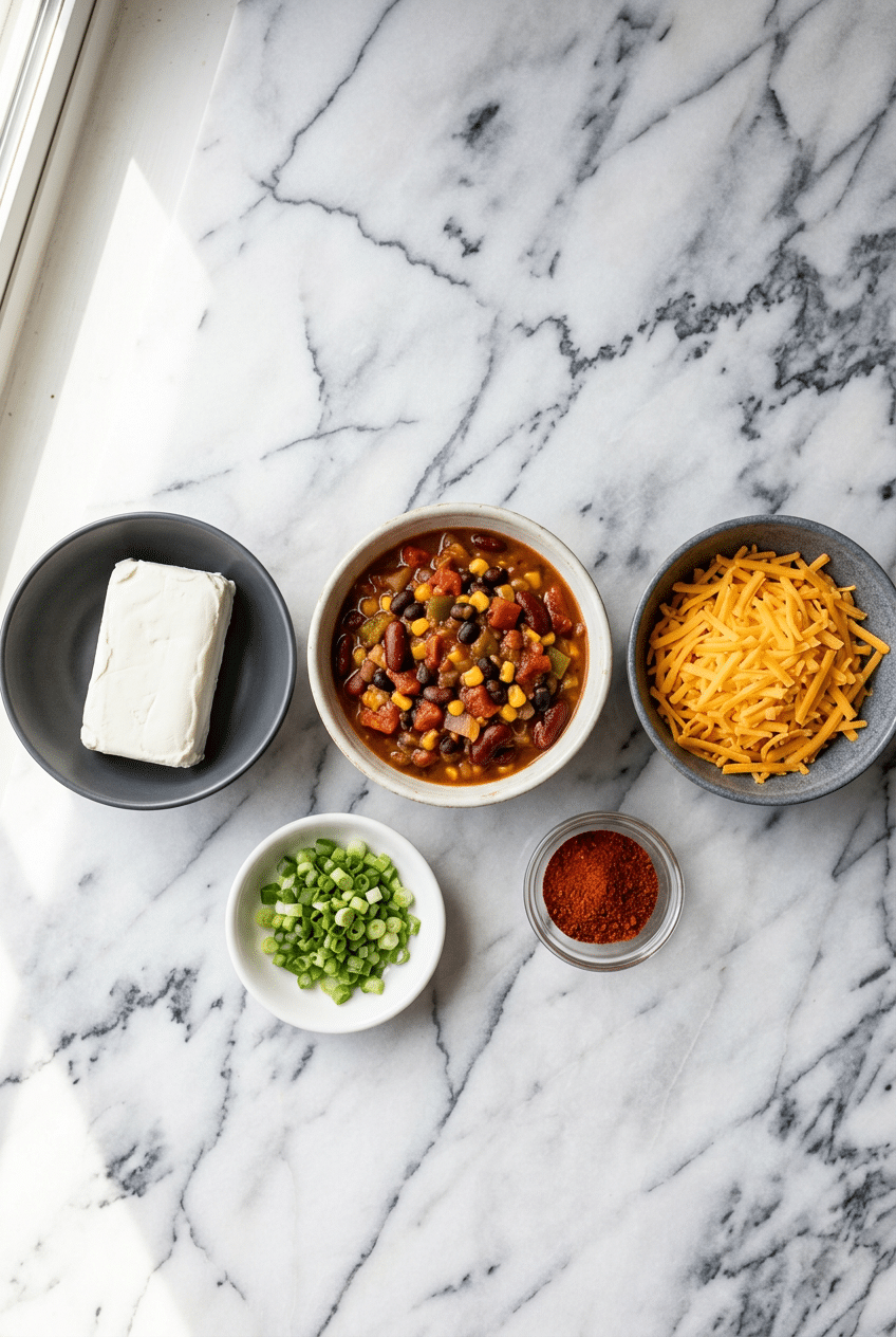 Blocks of cream cheese, shredded cheddar, pepper jack, and canned chili arranged on a surface for Cream Cheese and Chili Queso Dip.