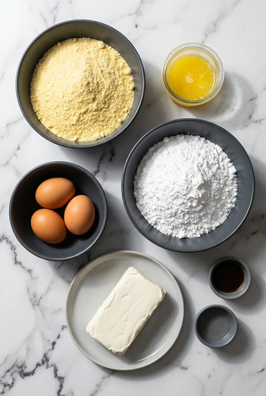Overhead view of ingredients for Cream Cheese Squares including yellow cake mix, cream cheese, and powdered sugar.
