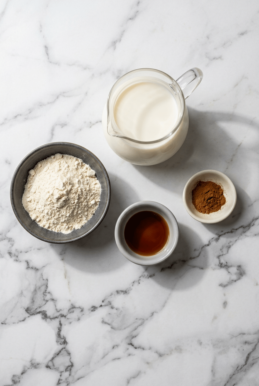 Ingredients for a vanilla protein shake recipe laid out, including vanilla protein powder, frozen cauliflower rice, banana, and almond milk.