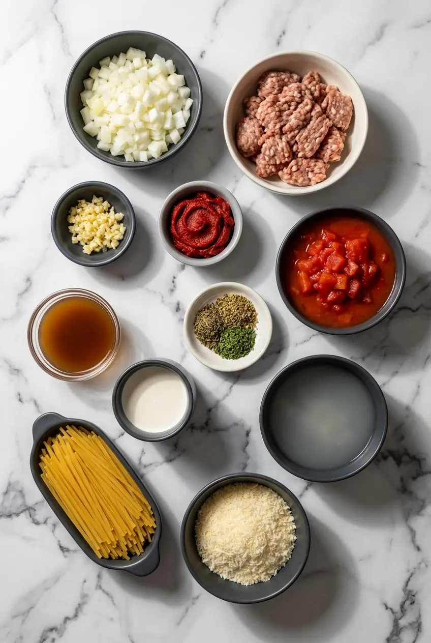 Raw ingredients for creamy italian sausage pasta including Italian sausage, rigatoni, heavy cream, and tomato paste.