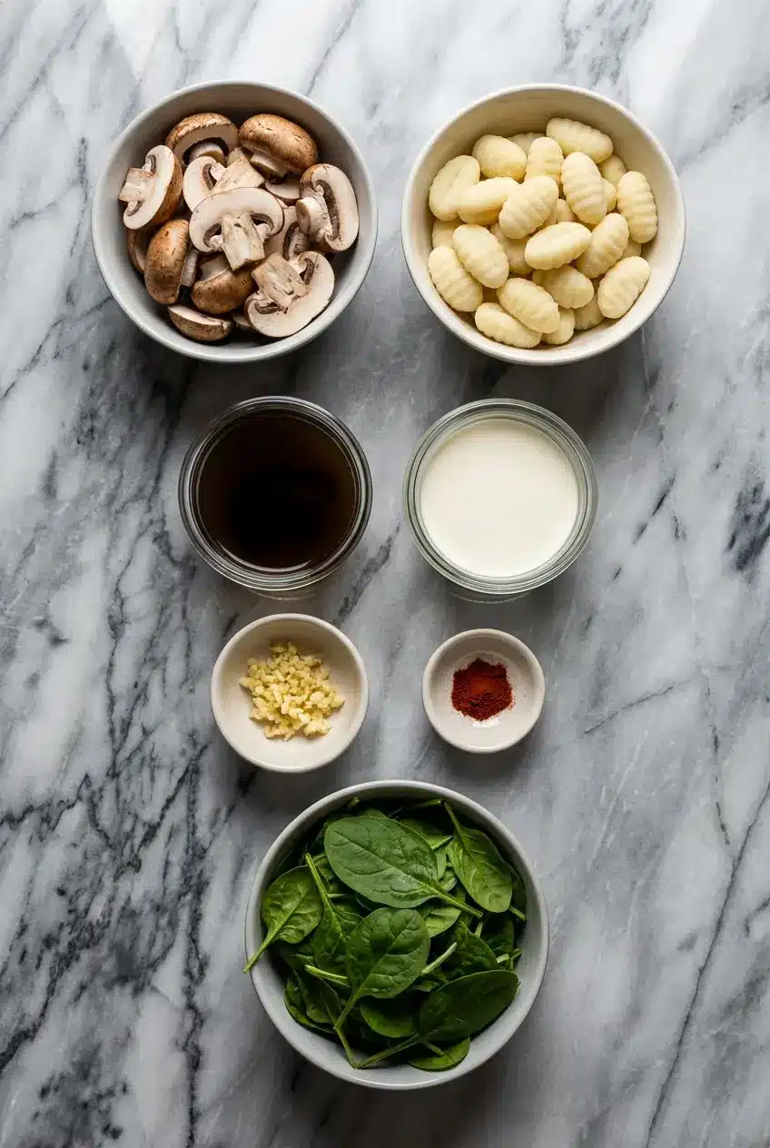 Raw potato gnocchi, crimini mushrooms, and baby spinach for making Creamy Spinach and Mushroom Gnocchi.