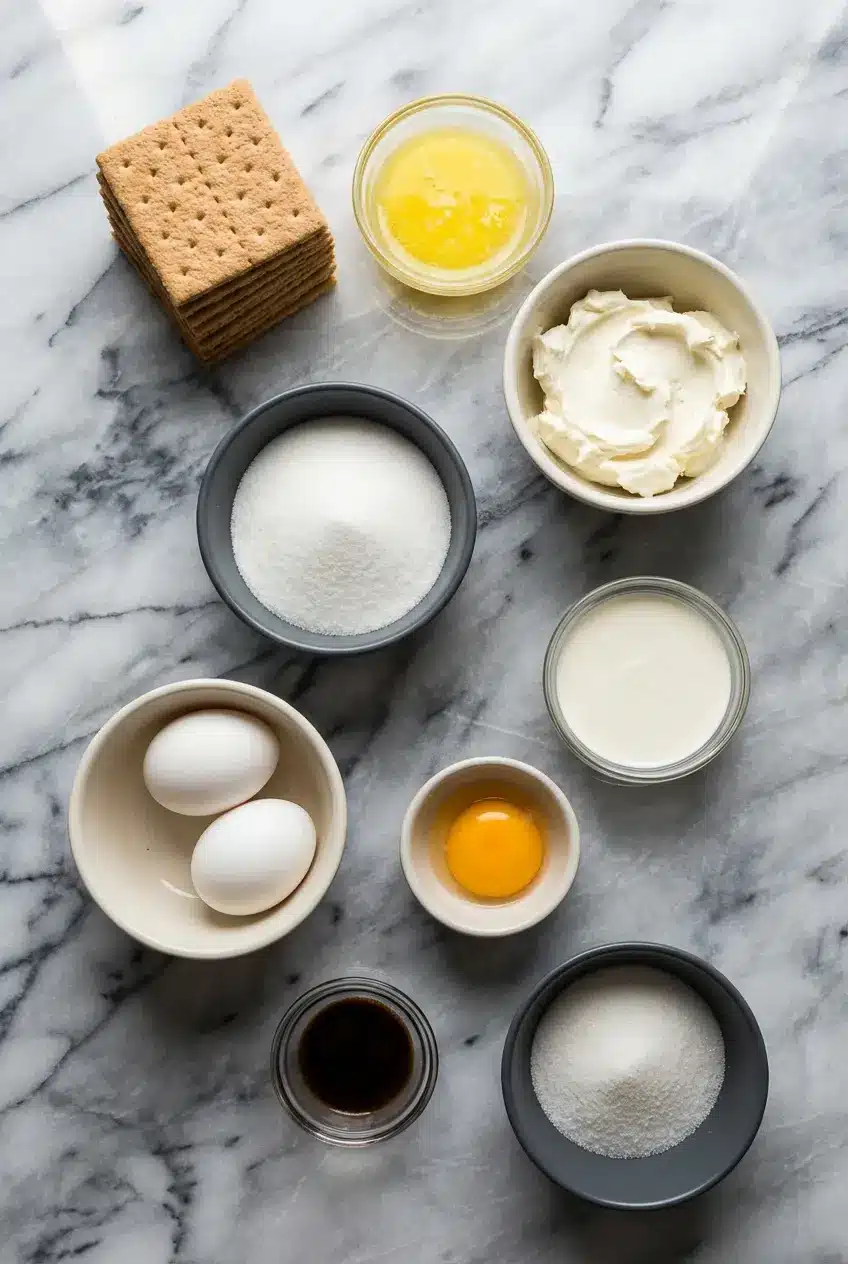 Flat lay of ingredients for Crème Brûlée Cheesecake Bars featuring cream cheese, vanilla bean paste, and graham cracker crumbs.