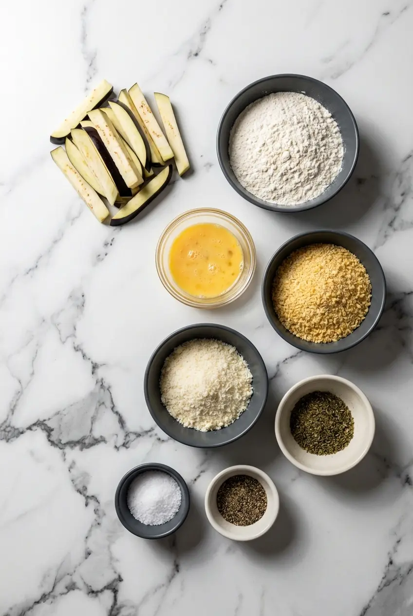 Raw ingredients for Crispy Baked Eggplant Fries, including fresh eggplant, panko breadcrumbs, and parmesan cheese.