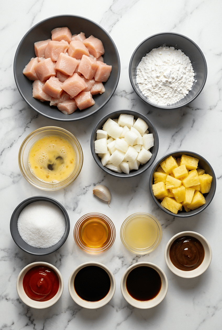 Raw ingredients for Sweet and Sour Chicken, including cubed chicken breast, bell peppers, pineapple, cornstarch, and soy sauce.
