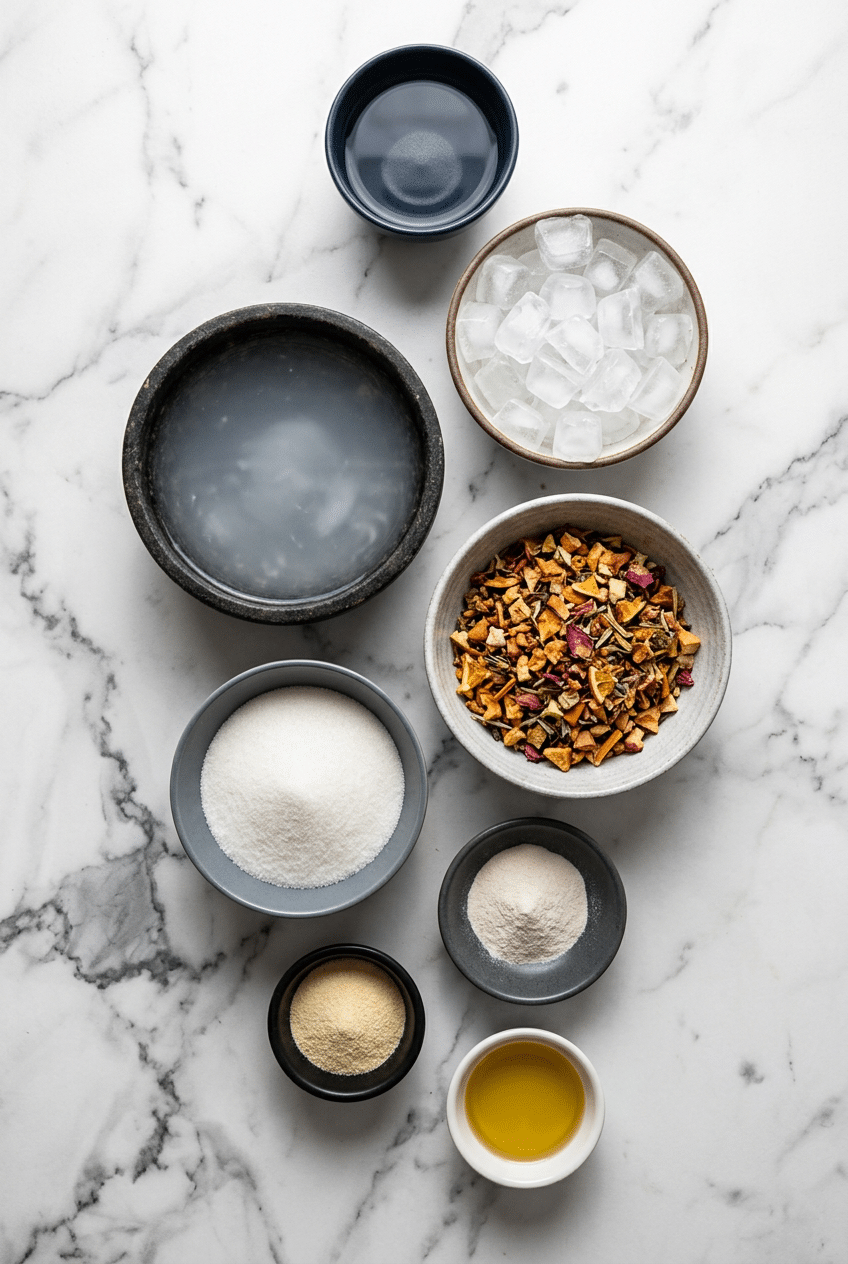 Ingredients for crystal boba recipe including agar agar powder, konjac powder, and coconut water arranged on a white surface.