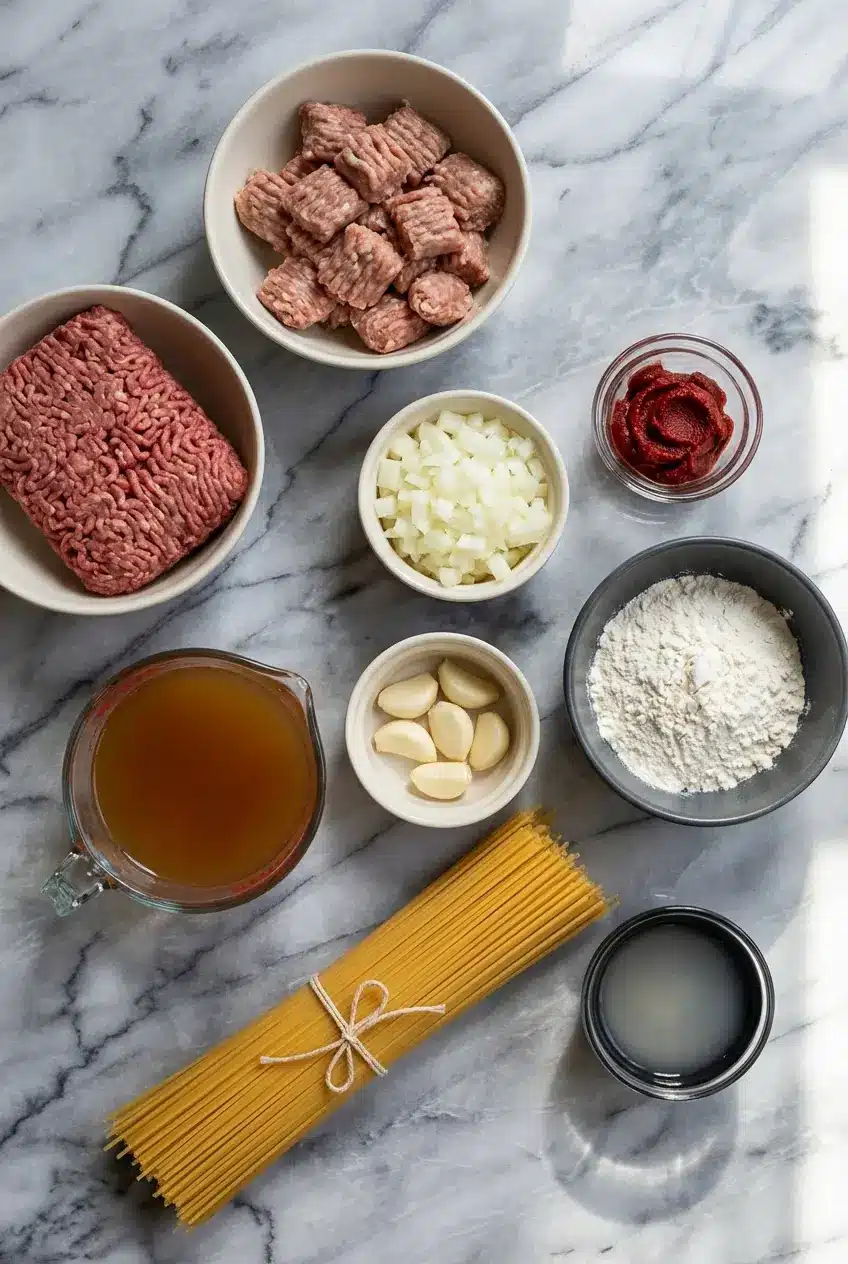 Raw ingredients for dirty spaghetti recipe including Italian turkey sausage, ground beef, and the Holy Trinity vegetables.