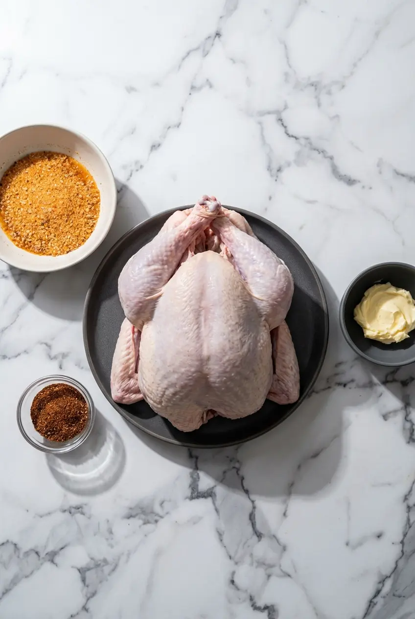 Raw turkey, kosher salt, baking powder, aromatics, and apple wood pellets gathered to make a dry brine smoked turkey.