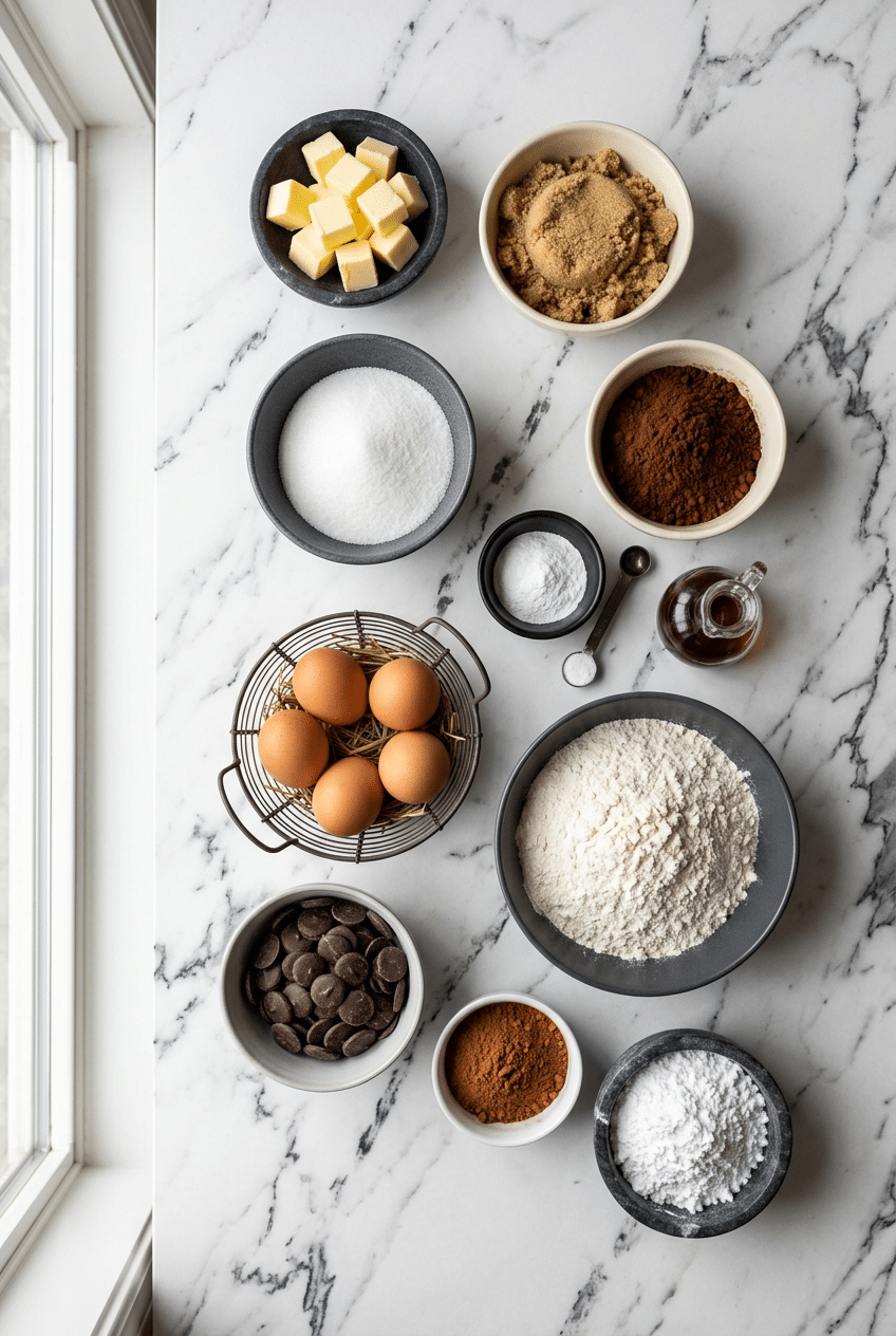 Flat lay of ingredients for brownie truffles including Dutch process cocoa, melting wafers, butter, and espresso powder.
