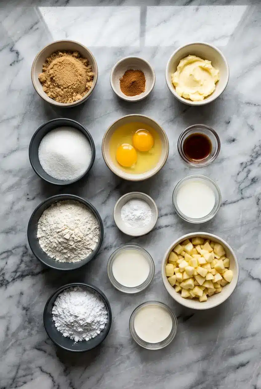 Raw ingredients for Famous Apple Fritter Bread including Granny Smith apples, all-purpose flour, and warm spices.