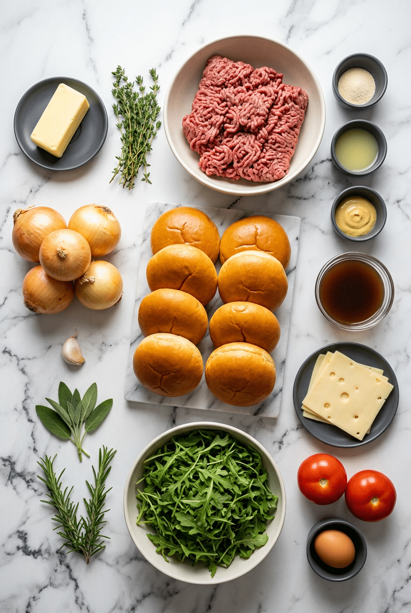 Raw ground chuck, Gruyère cheese, brioche buns, onions, and balsamic vinegar for making french onion burgers.