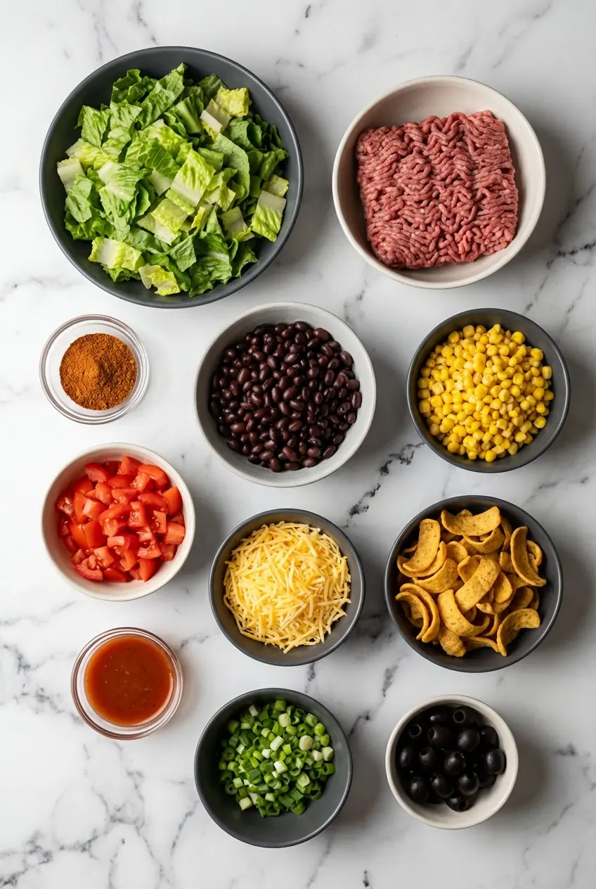Raw ingredients for frito taco salad including ground beef, iceberg lettuce, Fritos corn chips, and Catalina dressing.