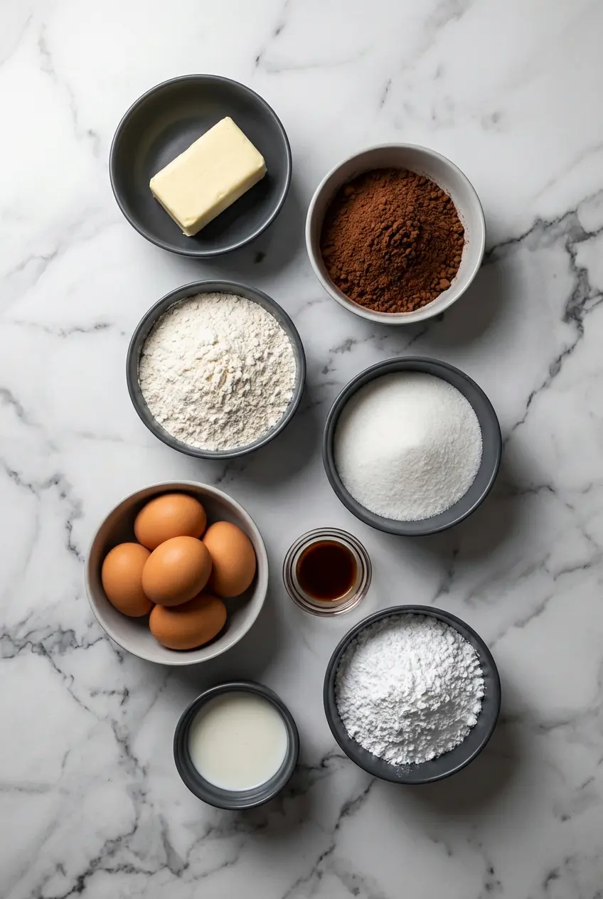 Baking ingredients for Lunch Lady Brownies including unsweetened cocoa powder, dark brown sugar, and evaporated milk.