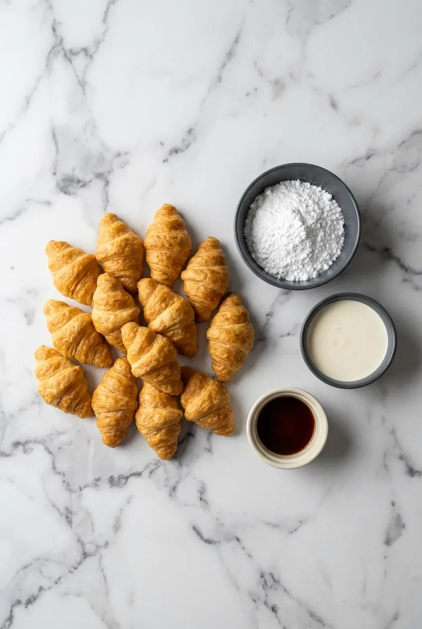 Ingredients for a glazed croissants recipe including store-bought croissants, powdered sugar, and vanilla bean paste.
