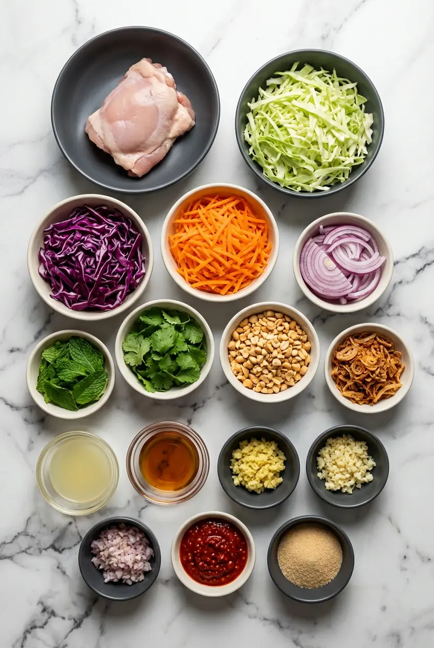 Overhead layout of fresh ingredients for a Goi Ga Recipe including Napa cabbage, poached chicken thighs, and bird's eye chili.