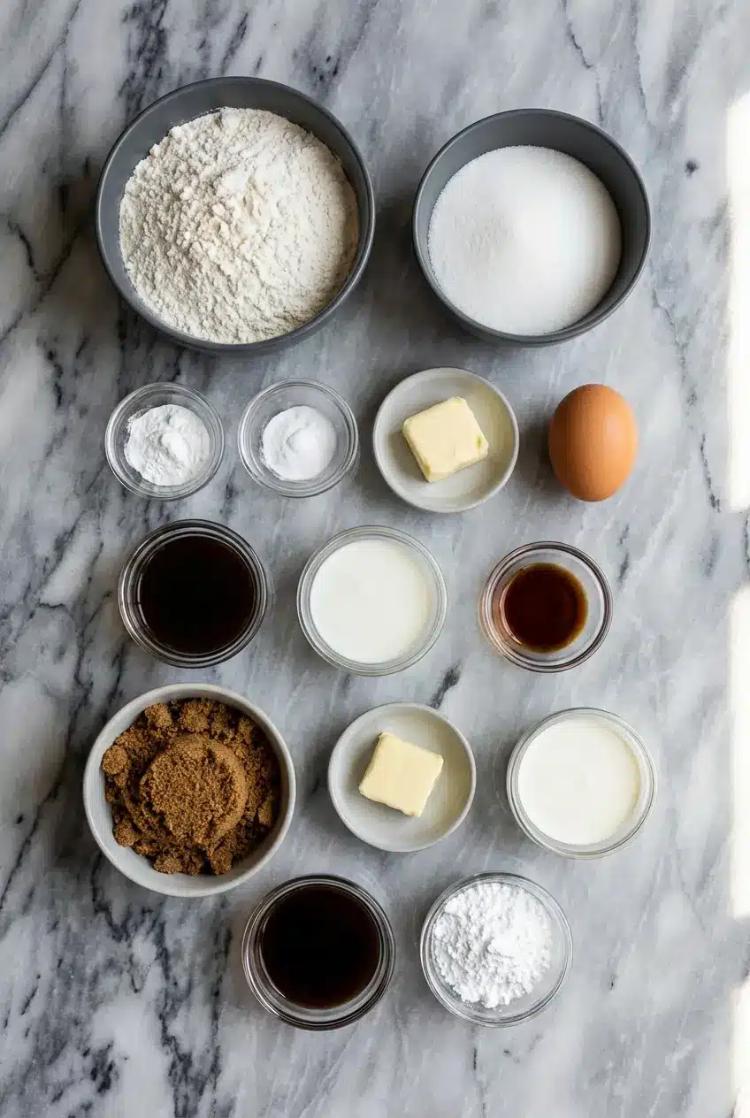 Overhead view of ingredients for gooey coffee caramel cake including brewed coffee, brown sugar, and heavy cream.