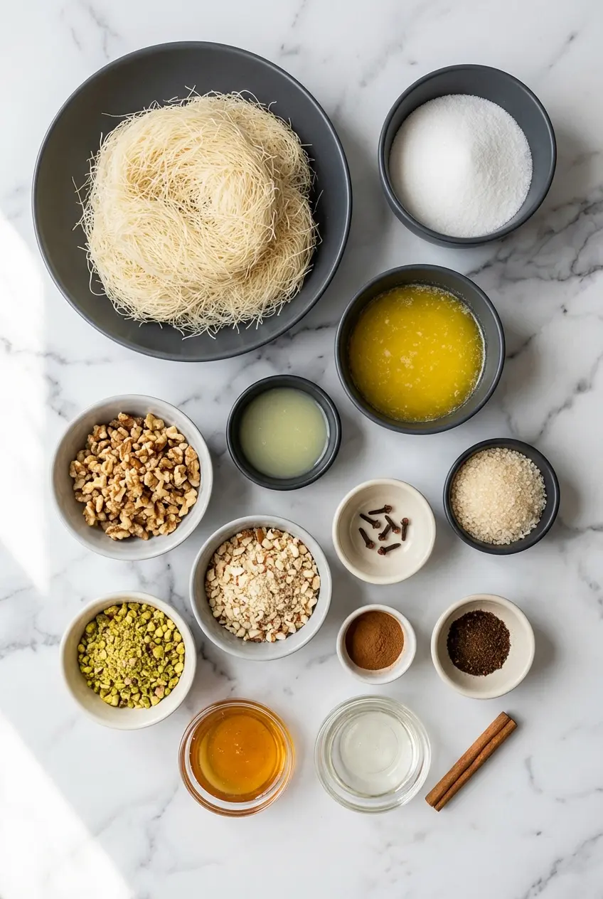 Raw ingredients for a Greek Kataifi Rolls Recipe including shredded phyllo dough, chopped walnuts, spices, and honey syrup.