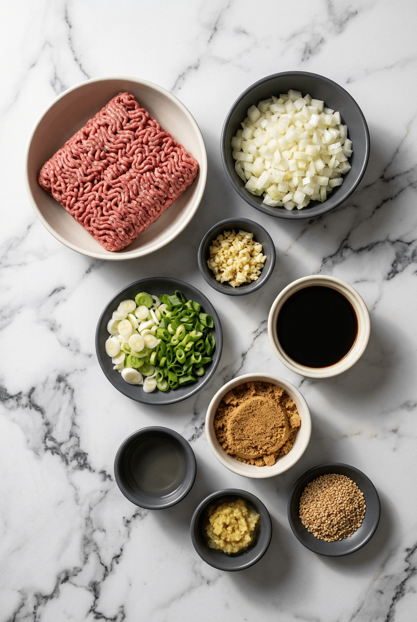 Raw ground beef, fresh Asian pear, gochujang, and kimchi for Ground Beef Bulgogi Bowls.