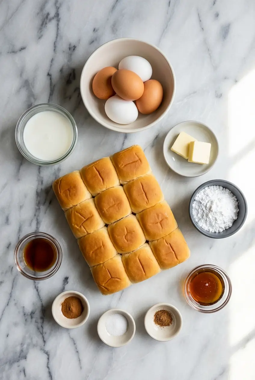 Ingredients for hawaiian roll french toast with King's Hawaiian rolls, egg custard components, and shredded coconut.