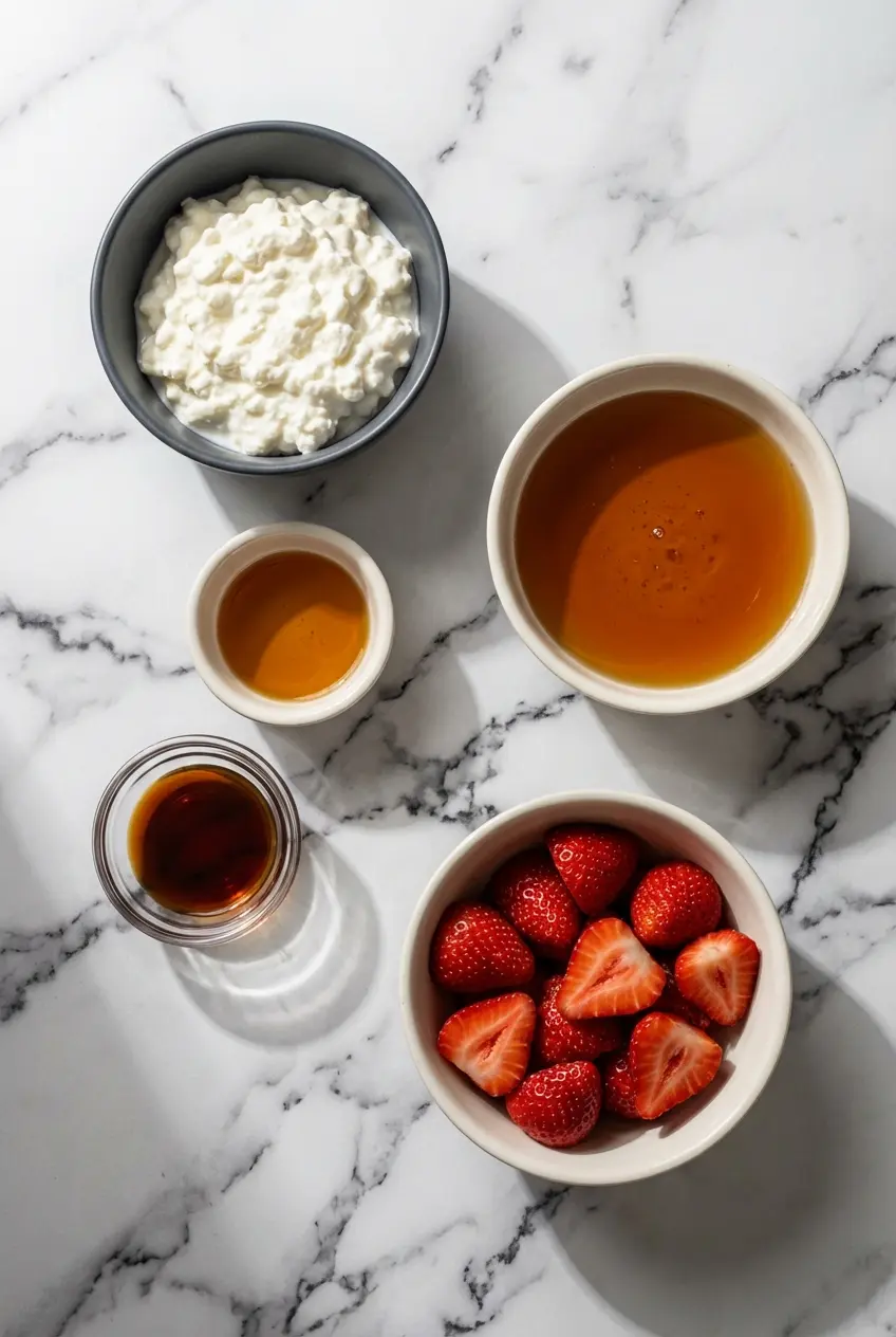 Flat lay of ingredients for High Protein Cottage Cheese Ice Cream including whole milk dairy, maple syrup, and cashew butter.