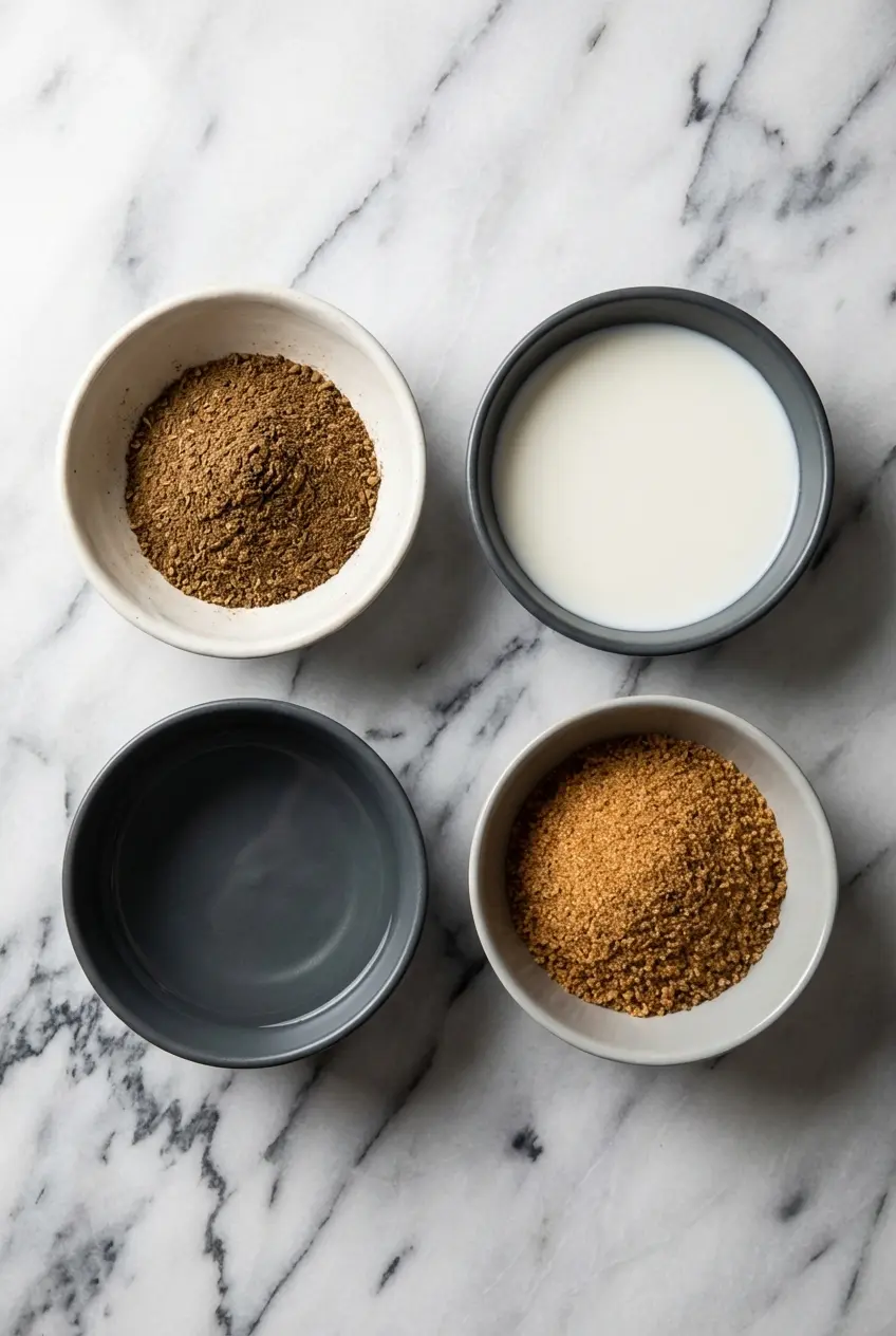 Overhead view of ingredients for a hojicha latte recipe, including hojicha powder, maple syrup, oat milk, and a bamboo whisk.