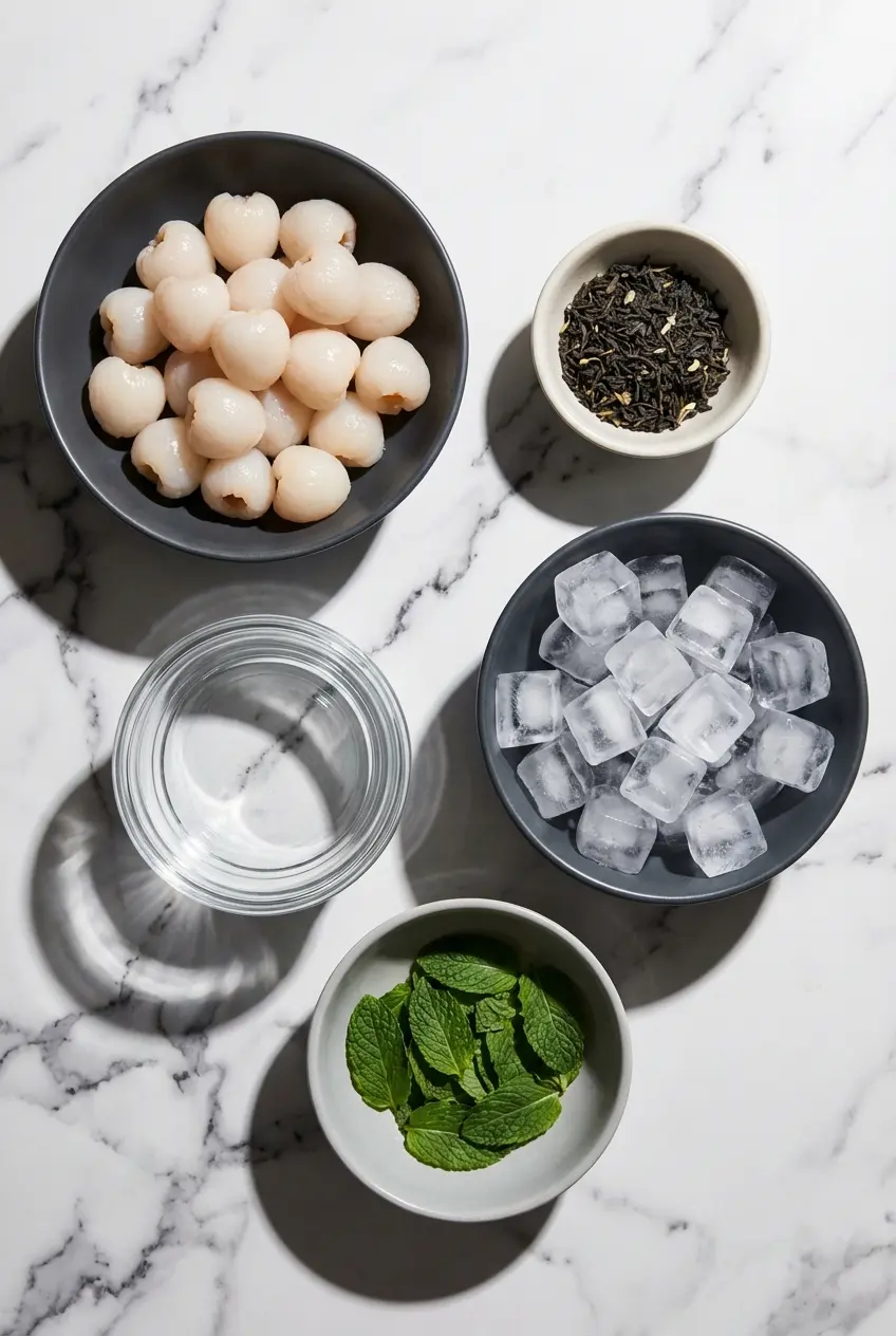 Flat lay of ingredients for a Lychee Tea Recipe, including canned lychee in syrup, jasmine green tea, and tapioca boba pearls.
