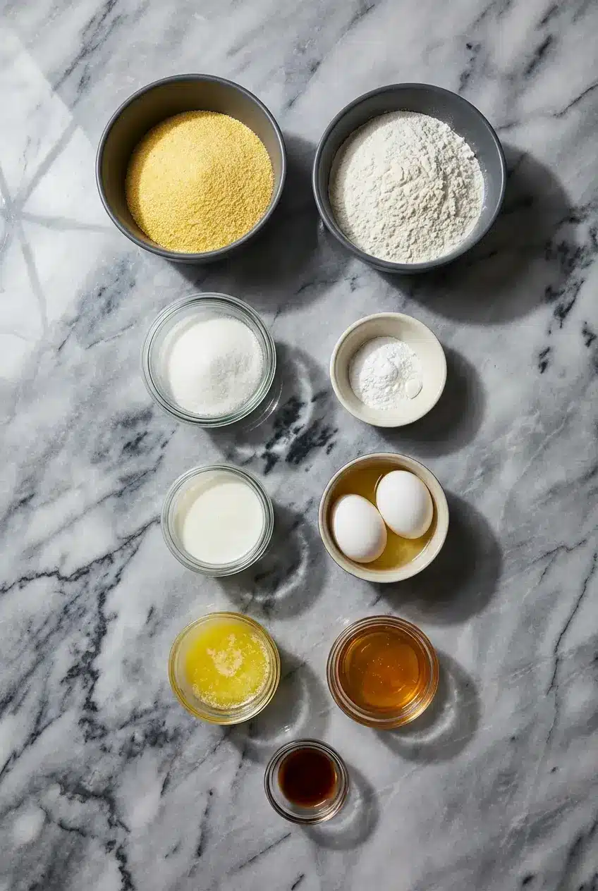 Raw ingredients for Southern-Style Honey Butter Cornbread Poppers including cornmeal, buttermilk, and honey butter glaze.