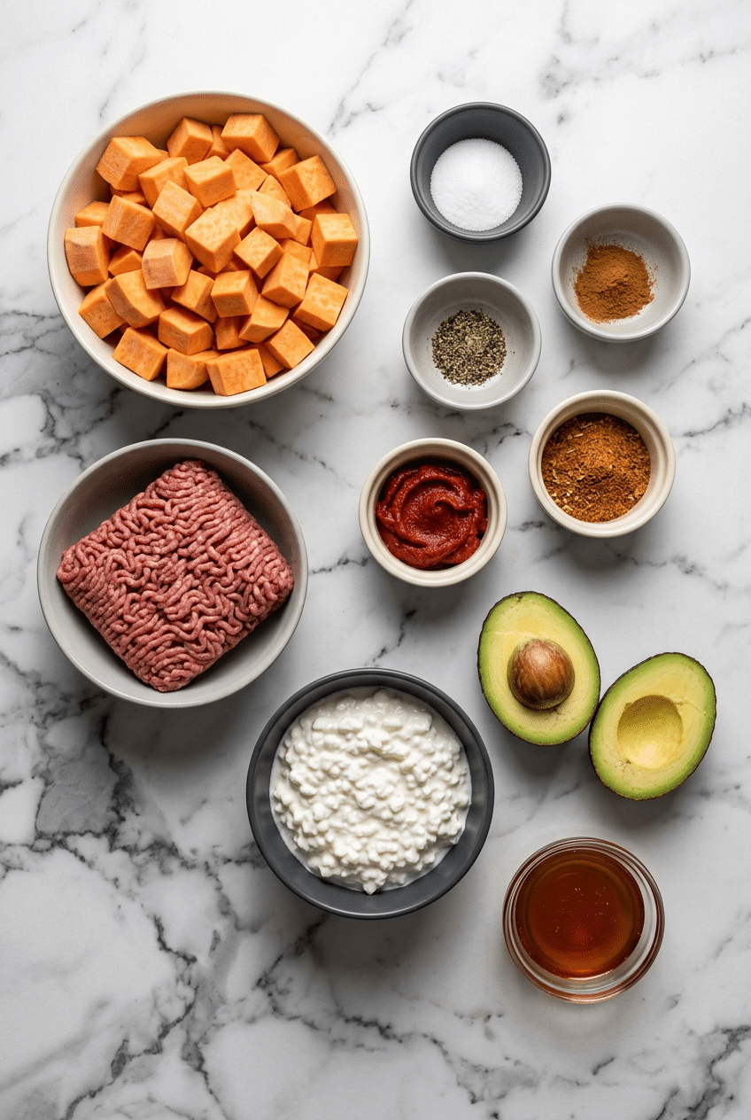 Raw ingredients for Hot Honey Ground Beef Bowls including lean ground beef, sweet potatoes, avocado, and hot honey.