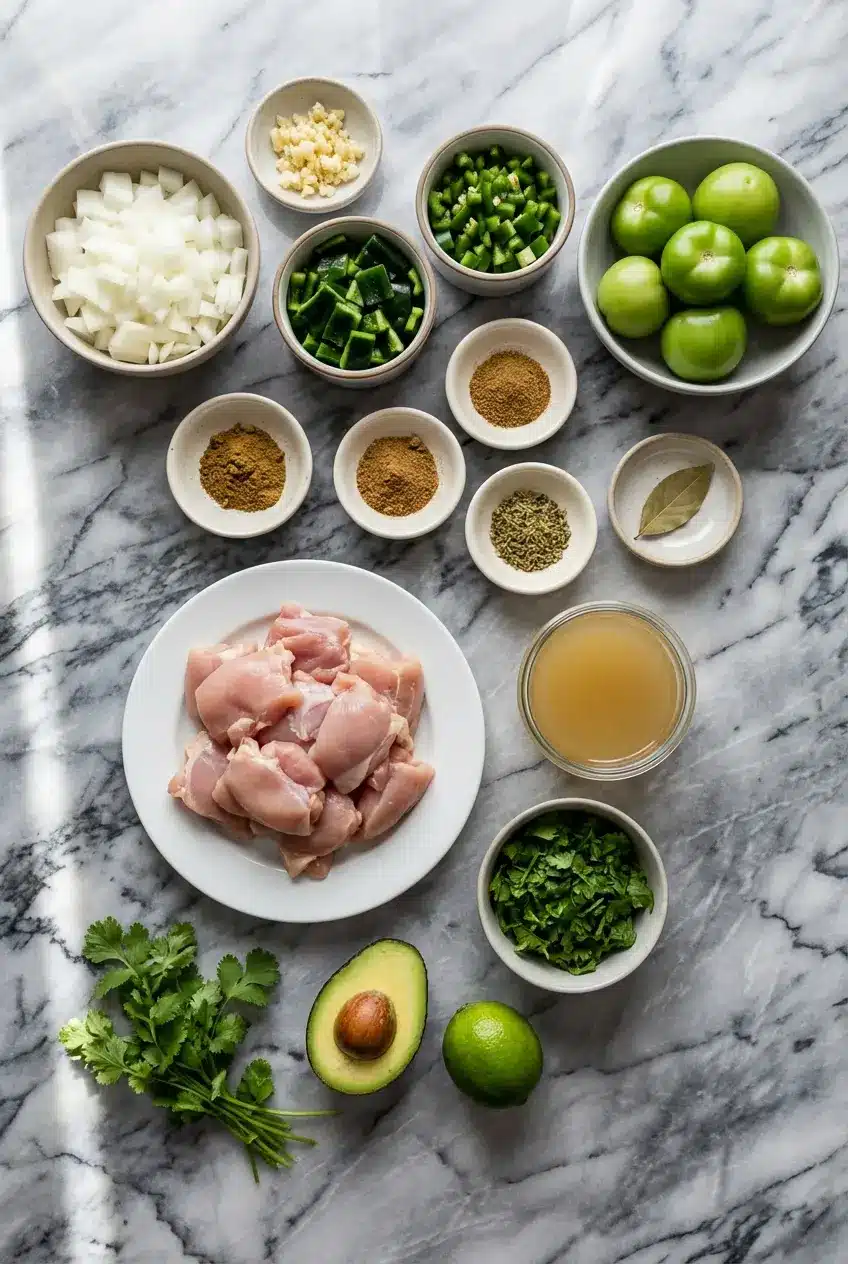 Fresh tomatillos, poblano peppers, jalapeños, and chicken thighs for making Keto Green Chili Chicken.