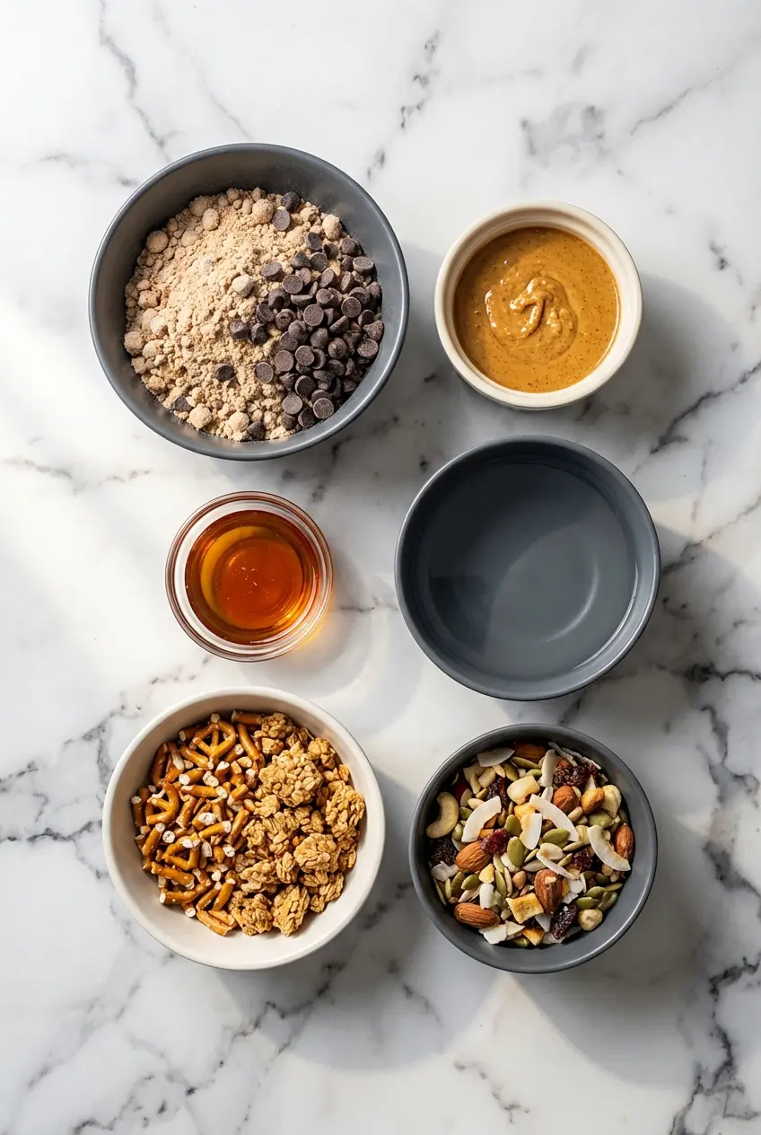 Overhead view of ingredients for a kodiak protein balls recipe including peanut butter, honey, and Kodiak Cakes mix.
