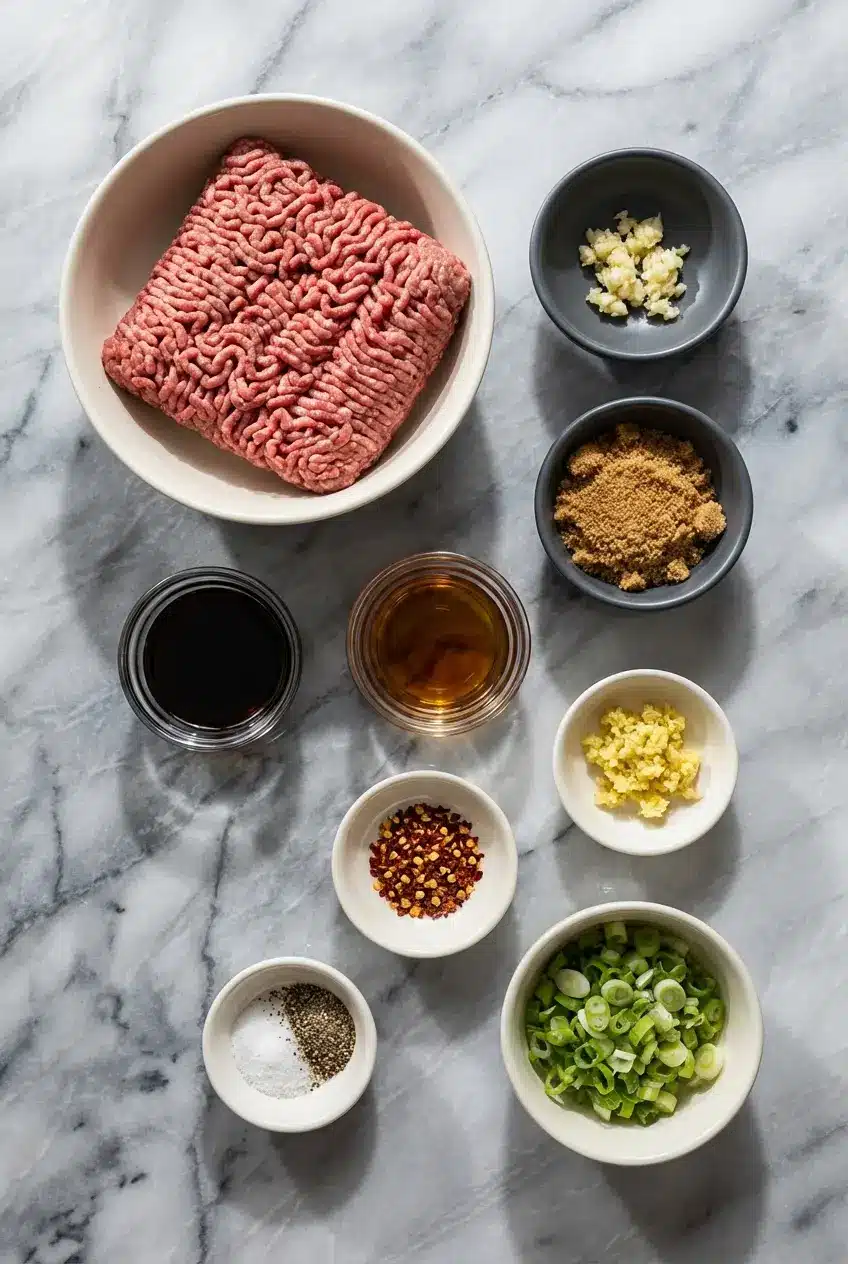 Fresh ingredients for a Korean Ground Beef Bowl featuring gochujang paste, jasmine rice, coconut aminos, and aromatics.