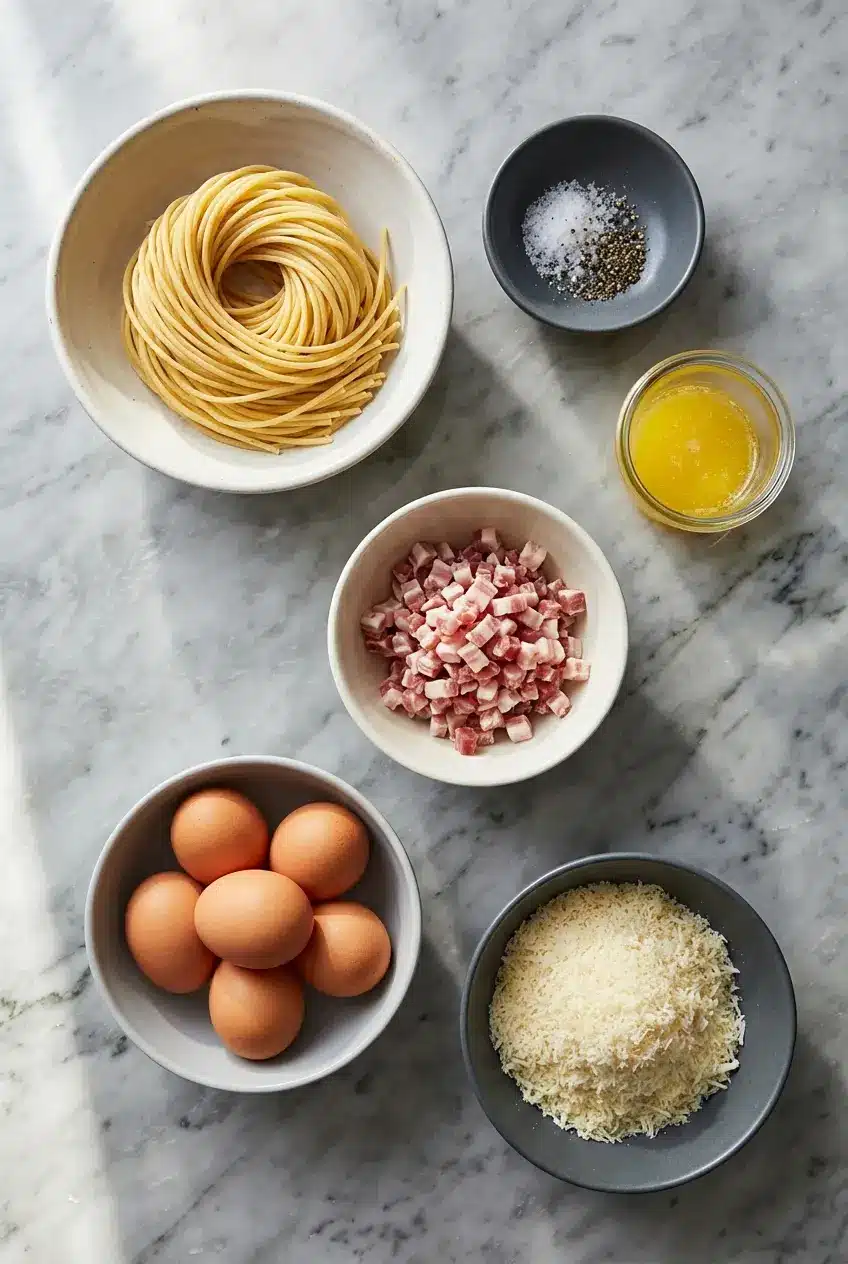 Raw ingredients for leftover pasta frittata including pancetta, Parmigiano-Reggiano, and eggs for a rich custard.