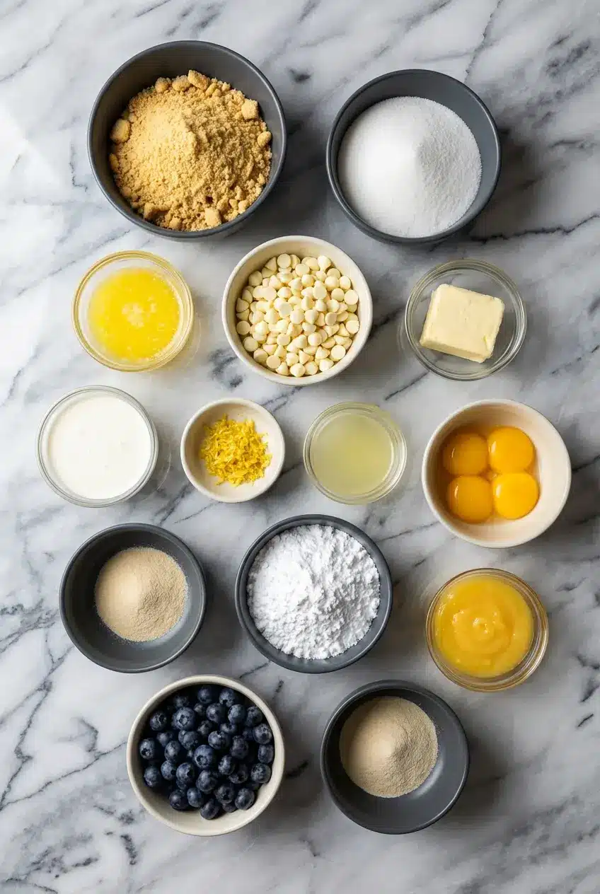 Flat lay of ingredients for Lemon Blueberry Shortbread Mousse Cake with lemon curd, blueberry puree, and heavy whipping cream.