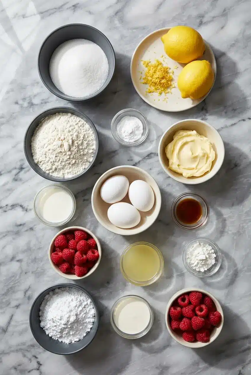 Flat lay of lemon raspberry cake ingredients including fresh lemon zest, sour cream, and raspberry compote basics.