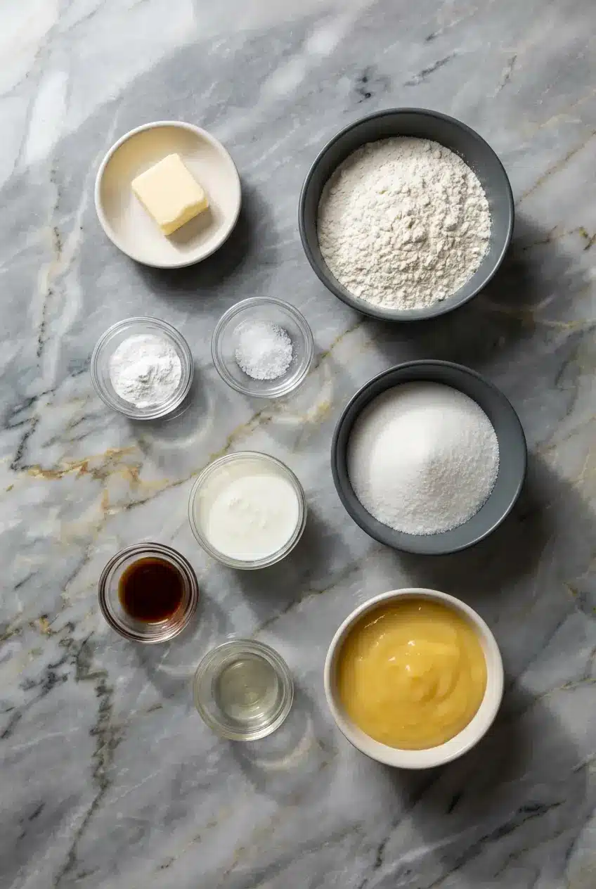 Pantry staples for Magic Lemon Cobbler including lemon pie filling, buttermilk, flour, and unsalted butter.