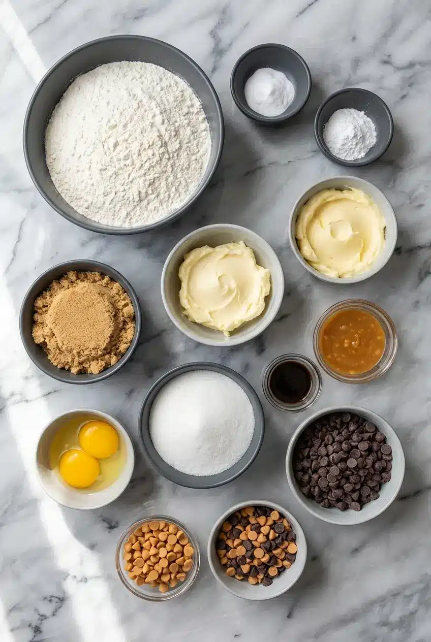 Raw ingredients for Butterscotch Chocolate Chip Cookies including brown sugar, butterscotch chips, and vanilla bean paste.