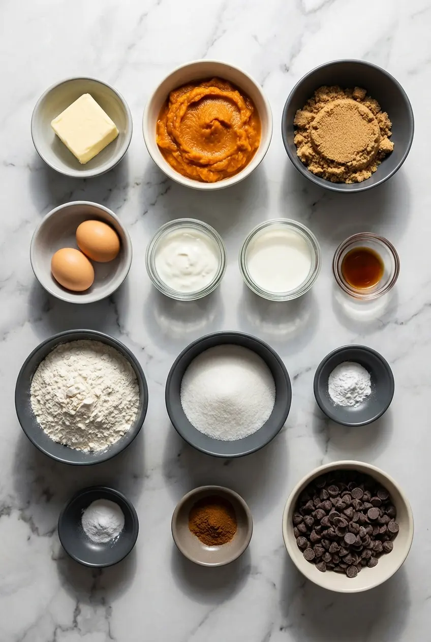 Flat lay of ingredients for Brown Butter Pumpkin Bread including pumpkin puree, malted milk powder, and chocolate chips.