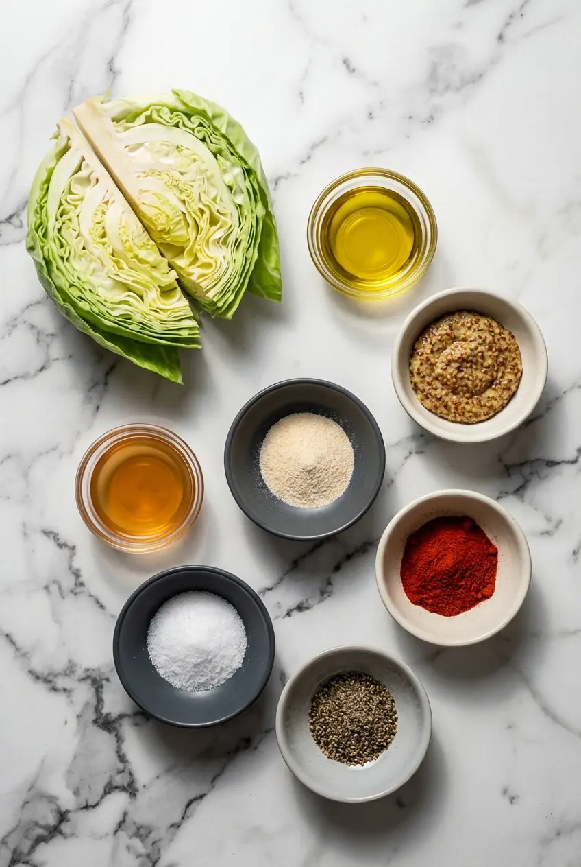 Raw green cabbage cut into wedges, olive oil, apple cider vinegar, maple syrup, and spices for air fryer cabbage wedges.