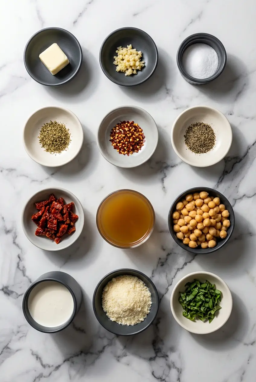 Raw ingredients for a marry me chickpeas recipe including garbanzo beans, heavy cream, parmesan, and fresh baby spinach.