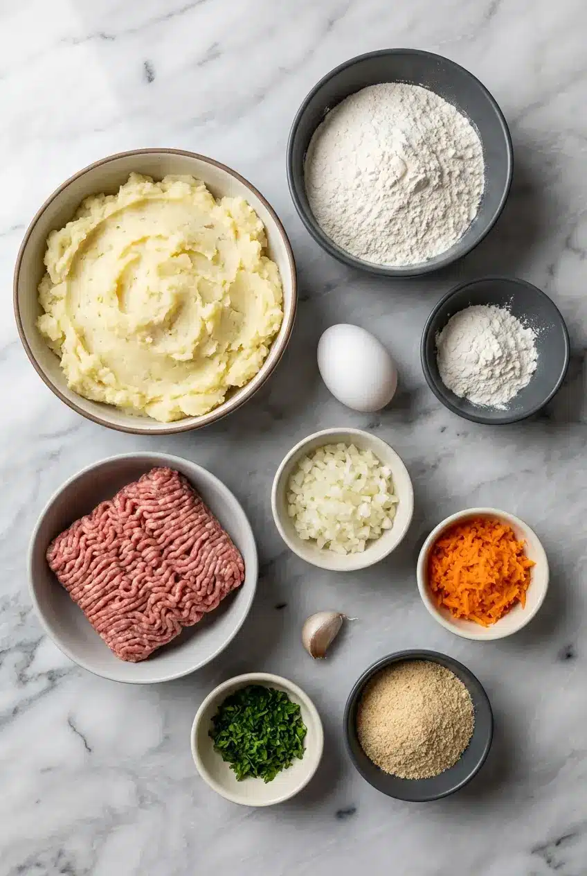 Flat lay of russet potatoes, ground pork, fresh rosemary, and parmesan for mashed potato pancakes with meat filling.