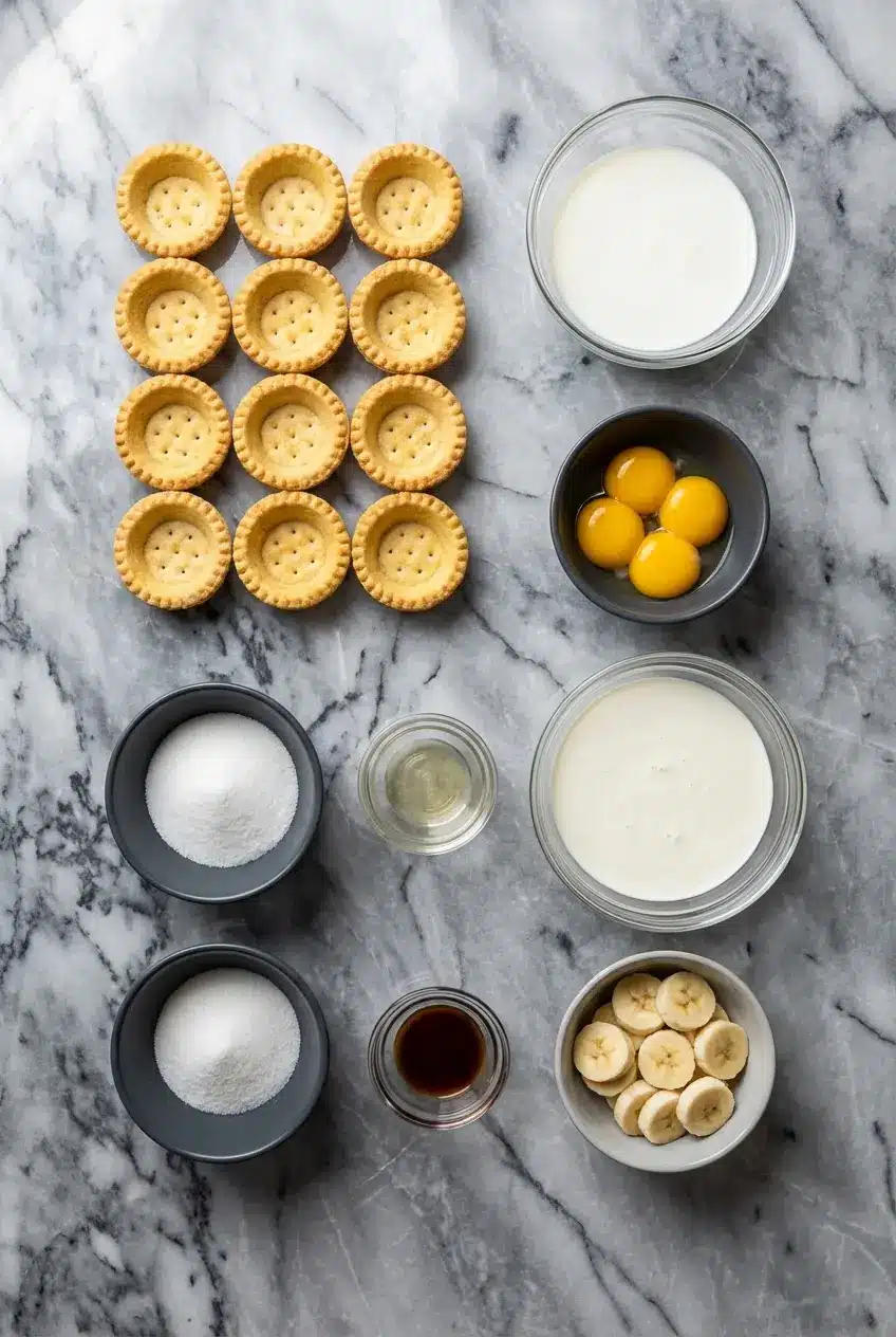Ingredients for mini banana cream pies including heavy whipping cream, graham cracker crust crumbs, and malted milk powder.