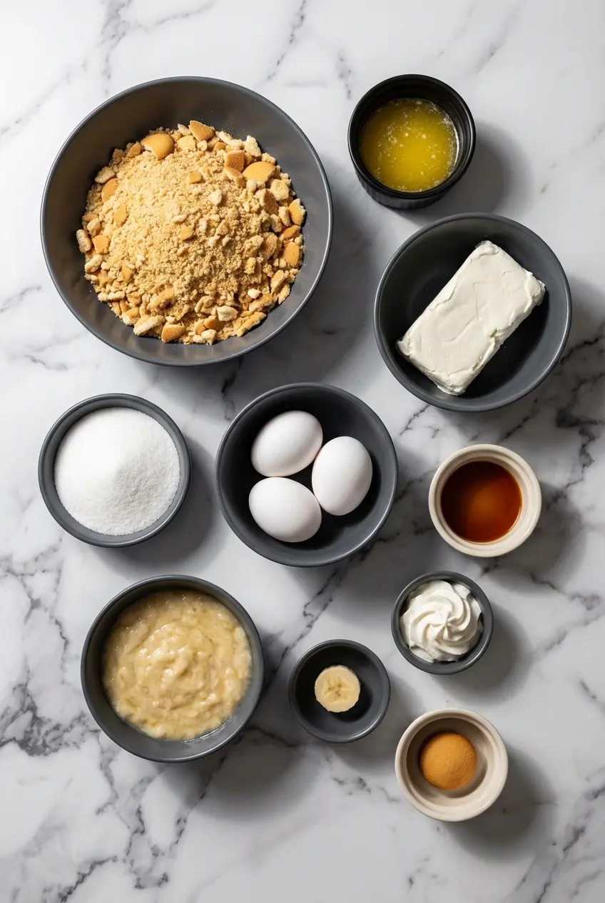 Raw ingredients including cream cheese, ripe bananas, Nilla Wafers, and flour for Mini Banana Pudding Cheesecakes.