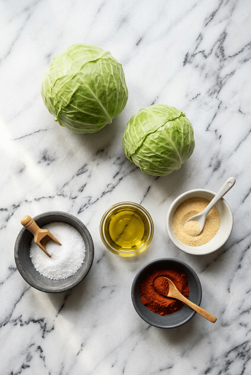 Raw green cabbage, white miso, butter, and seasonings laid out on parchment paper for a roasted cabbage steaks recipe.