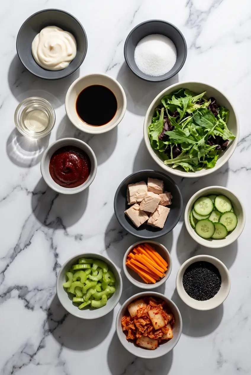 Overhead view of raw ingredients for kimchi salad including Napa cabbage, tahini, white miso, and toasted peanuts.