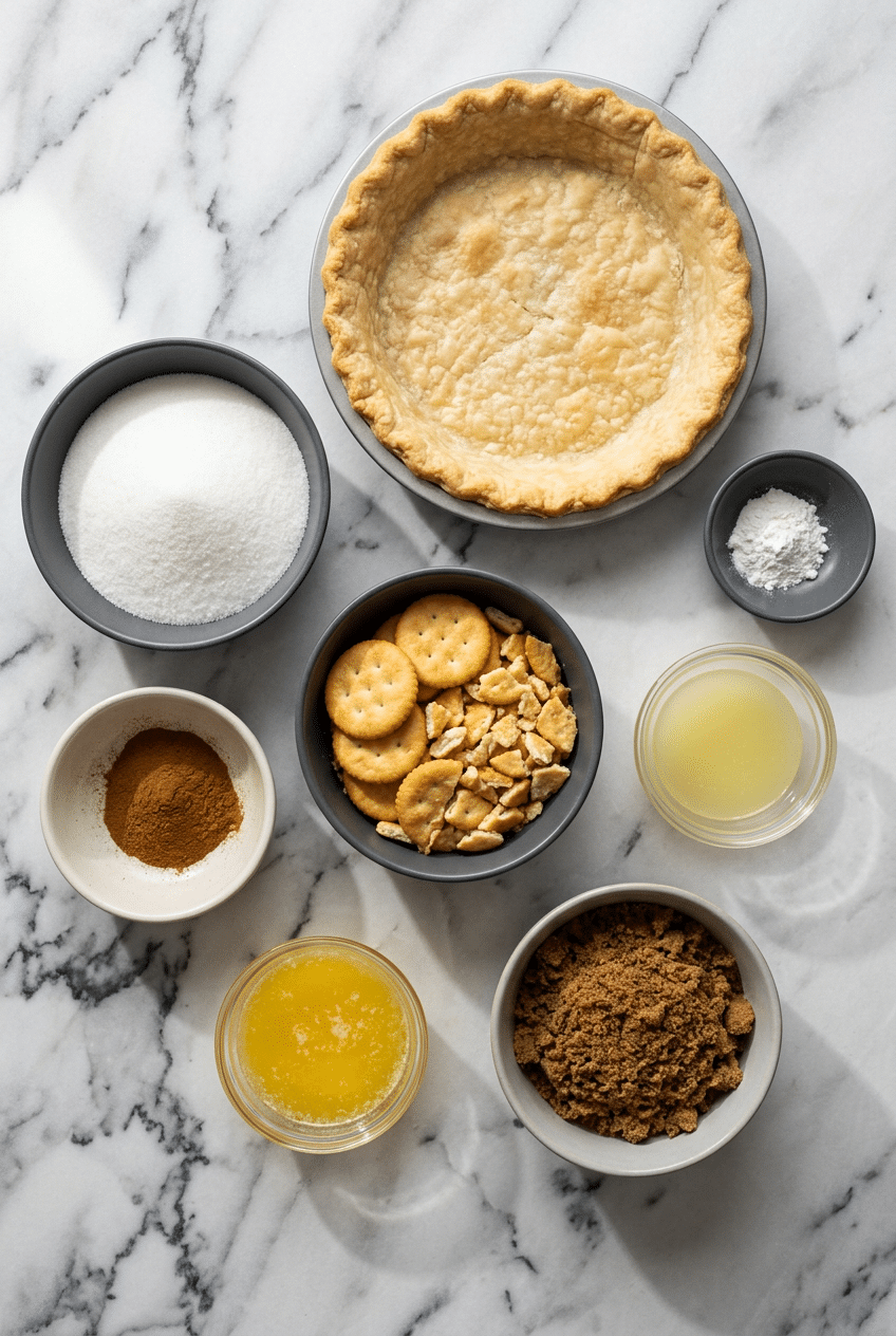 Overhead view of ingredients for a mock apple pie recipe including Ritz crackers, lemon juice, cream of tartar, and butter.