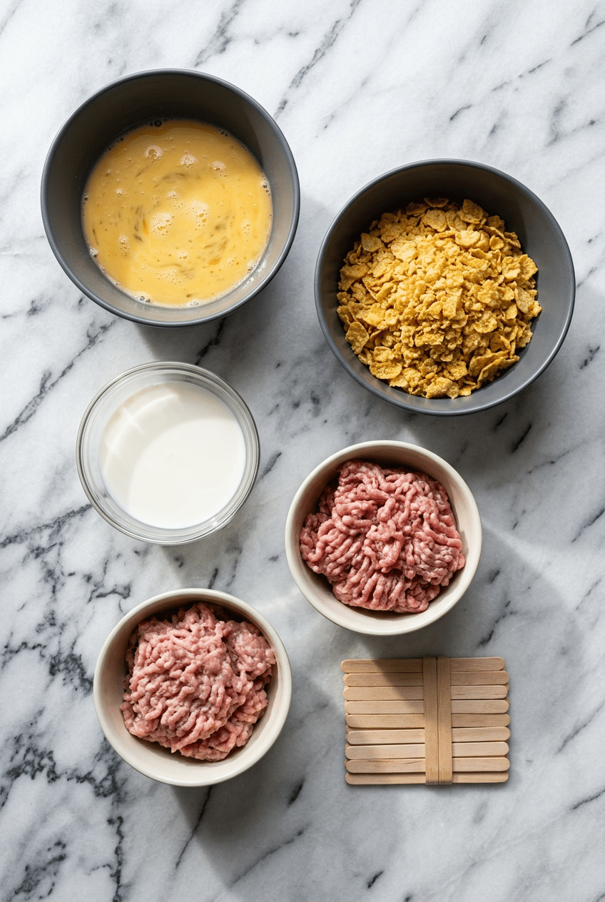 Overhead view of ingredients for mock chicken legs, including ground pork, popsicle sticks, cornflake crumbs, and spices.