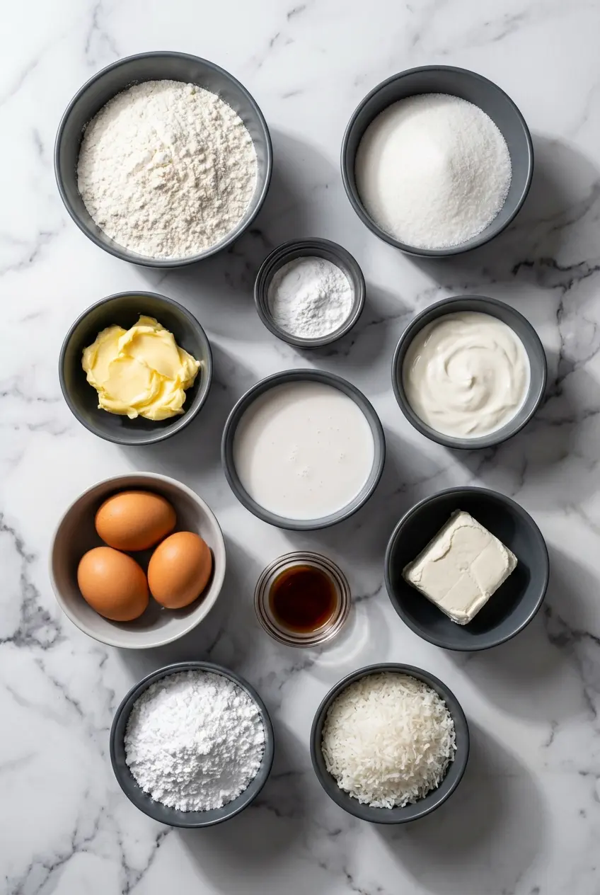 Flat lay of Coconut Cake ingredients featuring full-fat coconut milk, sweetened shredded coconut, and room temperature butter.