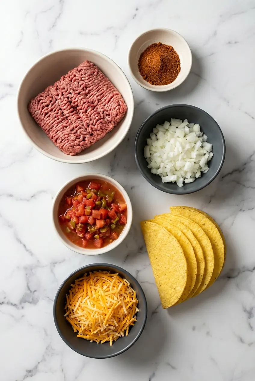Raw ingredients for Oven Baked Cheesy Tacos including ground beef, hard taco shells, cheddar cheese, and refried beans.